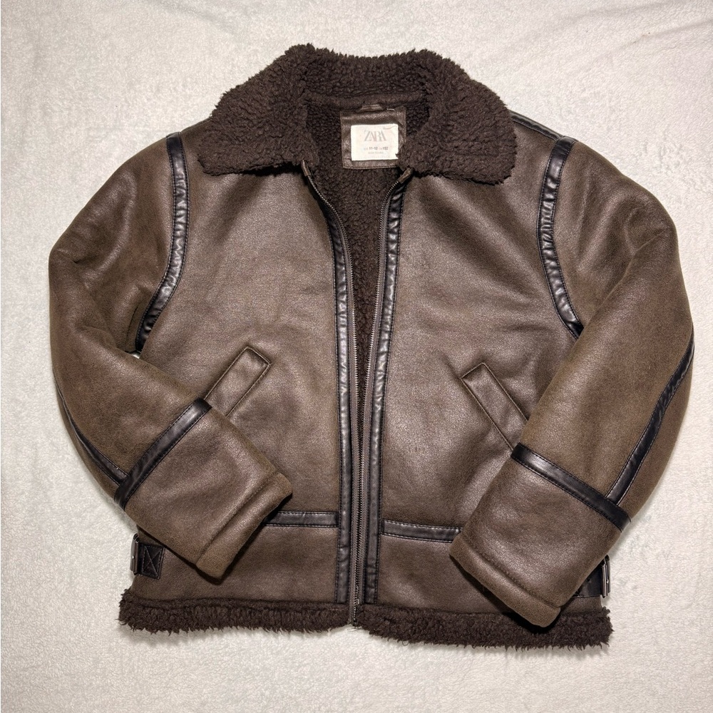 Zara Dark Brown Faux Shearling Bomber Jacket with Black Trim